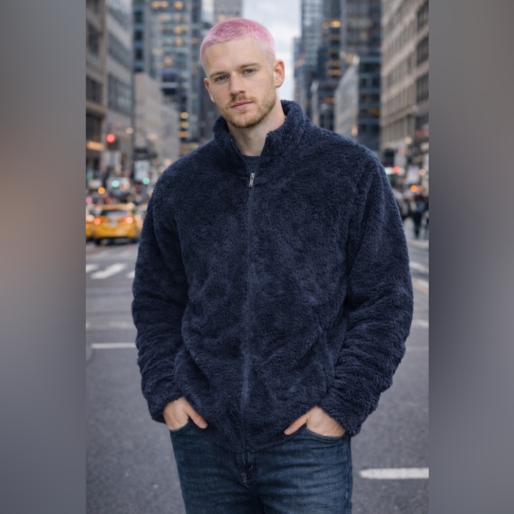 Blue Plush Zip Up Sweater